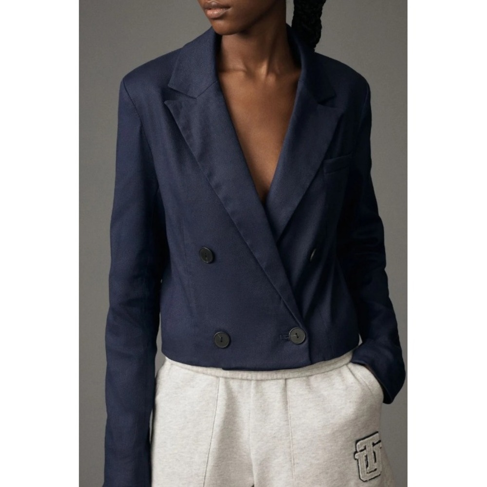 Maeve Anthropologie Linen Cropped Blazer Navy Blue Double Breasted Tailored Sz L